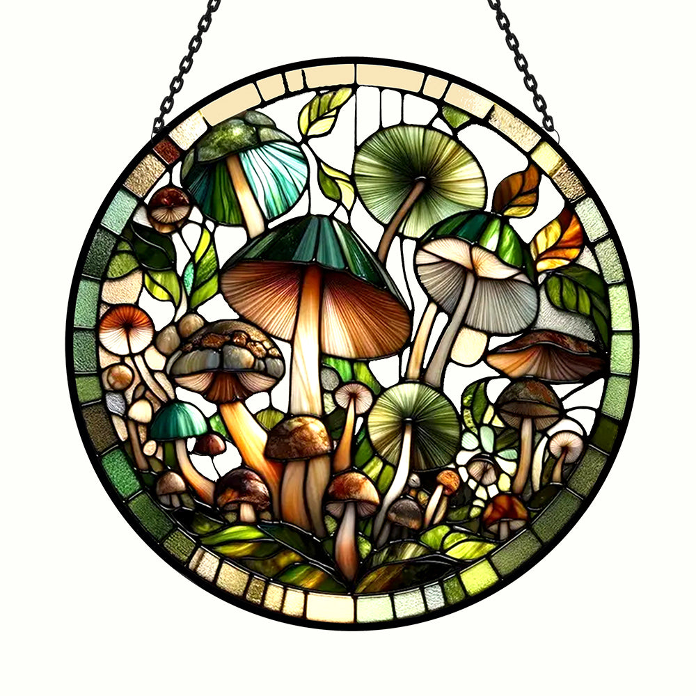 Green forest mushroom stained glass suncatcher window hanging, suitable for home and garden decoration