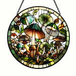 Green forest mushroom stained glass suncatcher window hanging, suitable for home and garden decoration