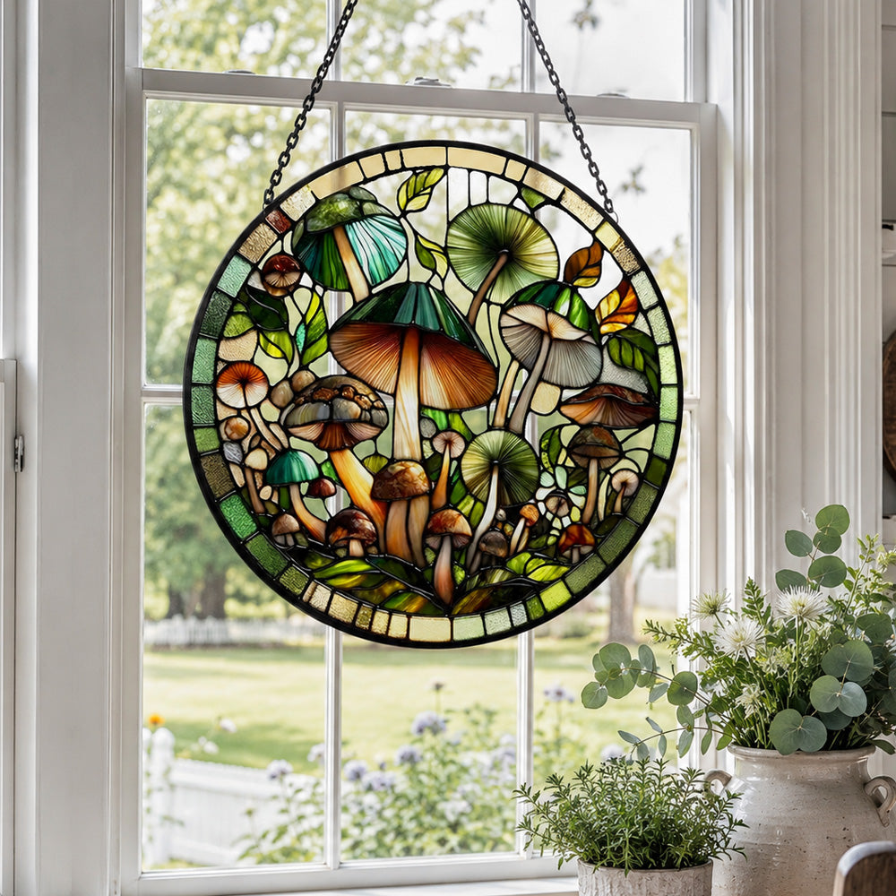 Green forest mushroom stained glass suncatcher window hanging, suitable for home and garden decoration