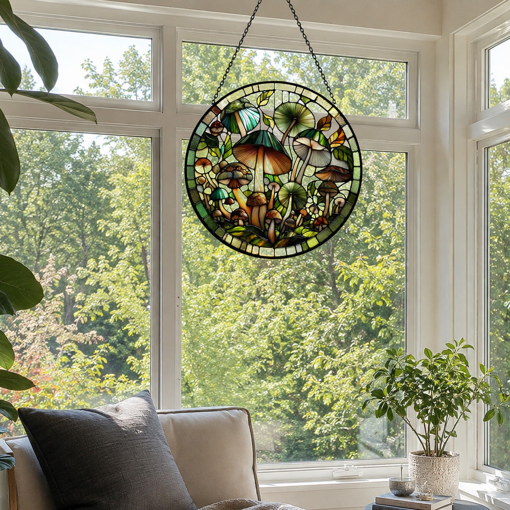 Green forest mushroom stained glass suncatcher window hanging, suitable for home and garden decoration