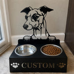 Personalized greyhound metal dog bowl stand with custom name cutout and two removable feeding bowls