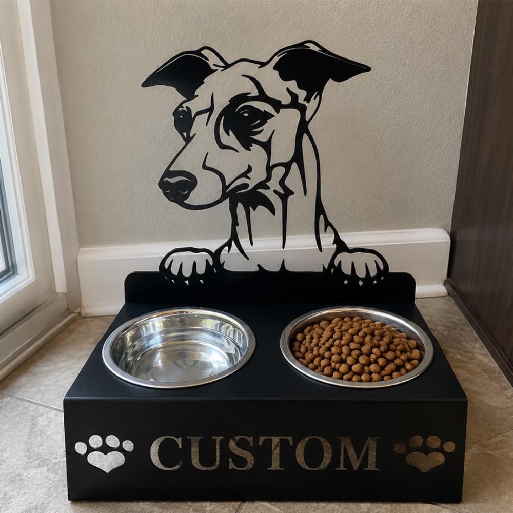 Personalized greyhound metal dog bowl stand with custom name cutout and two removable feeding bowls