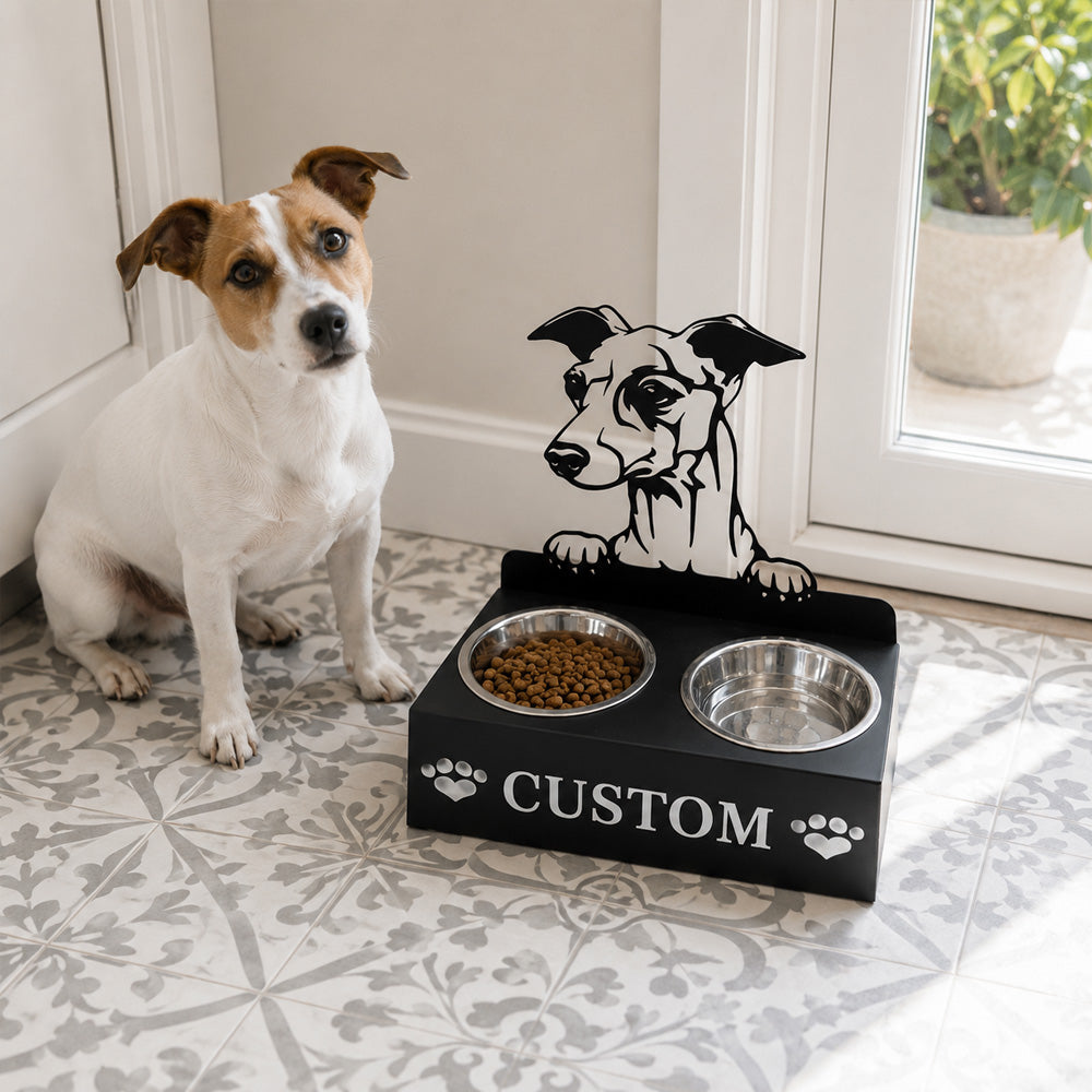 Personalized greyhound metal dog bowl stand with custom name cutout and two removable feeding bowls