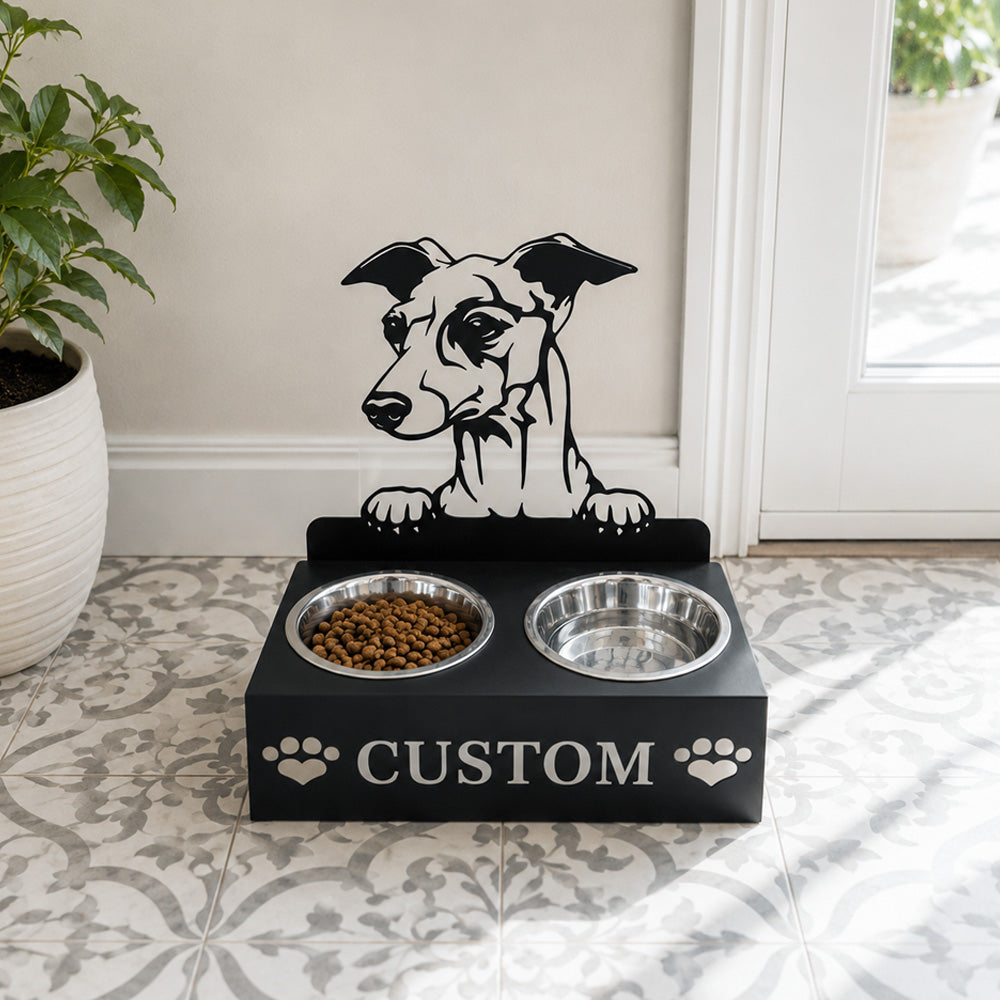 Personalized greyhound metal dog bowl stand with custom name cutout and two removable feeding bowls