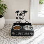 Personalized greyhound metal dog bowl stand with custom name cutout and two removable feeding bowls