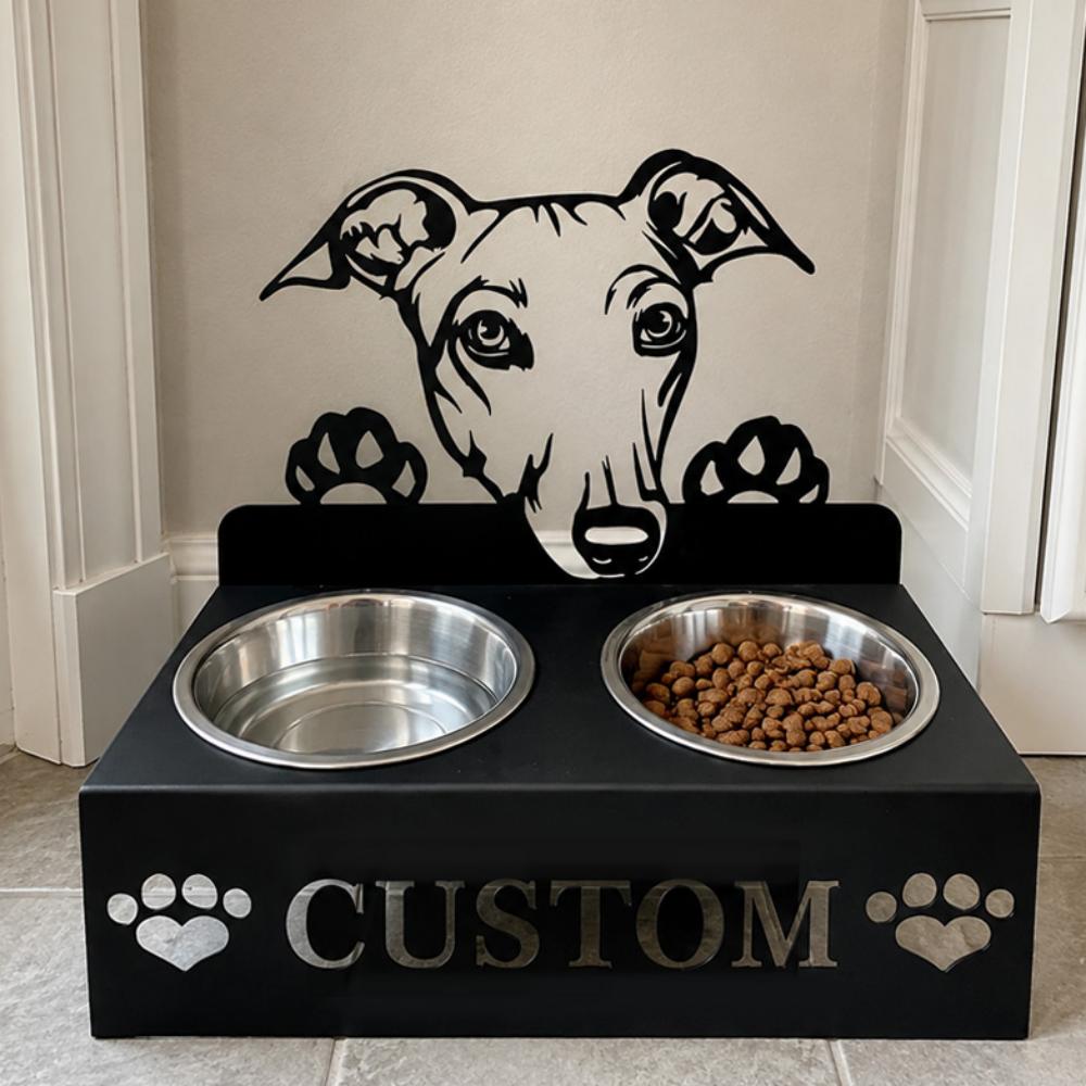 Personalized greyhound metal dog bowl stand with custom name cutout and two removable feeding bowls