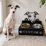 Personalized greyhound metal dog bowl stand with custom name cutout and two removable feeding bowls