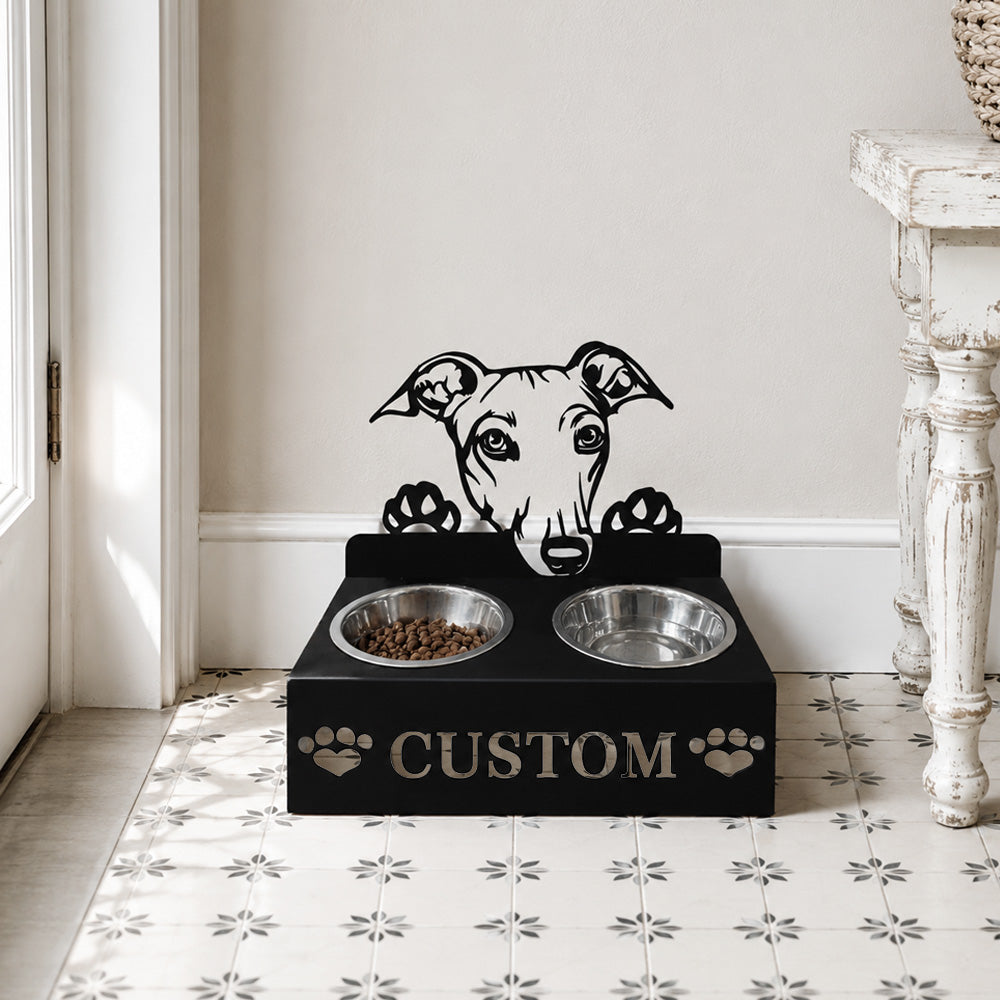 Personalized greyhound metal dog bowl stand with custom name cutout and two removable feeding bowls