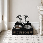Personalized greyhound metal dog bowl stand with custom name cutout and two removable feeding bowls