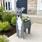 Greyhound dog planter filled with fresh flowers is placed in the garden