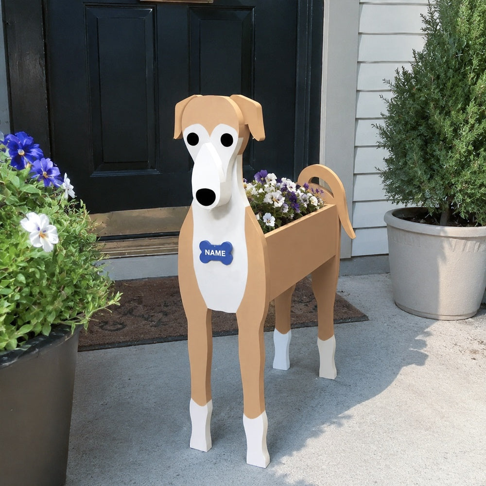 Greyhound dog planter filled with fresh flowers is placed in the garden
