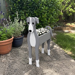 Greyhound dog planter filled with fresh flowers is placed in the garden