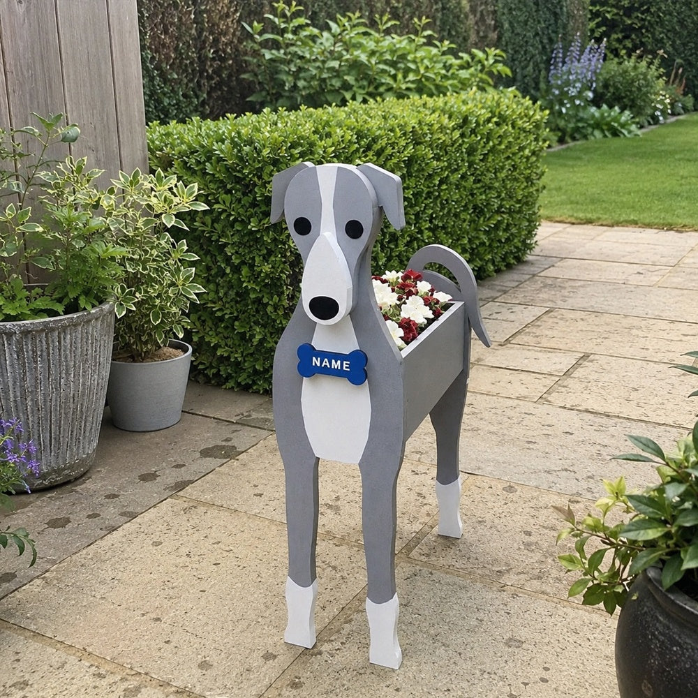 Greyhound dog planter filled with fresh flowers is placed in the garden
