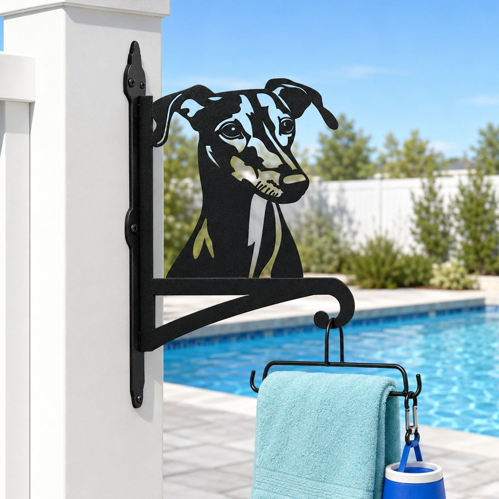 Greyhound metal hanging basket bracket mounted on outdoor wall for plant decoration