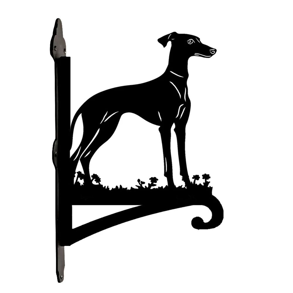 Greyhound metal hanging basket bracket mounted on outdoor wall for plant decoration