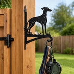 Greyhound metal hanging basket bracket mounted on outdoor wall for plant decoration