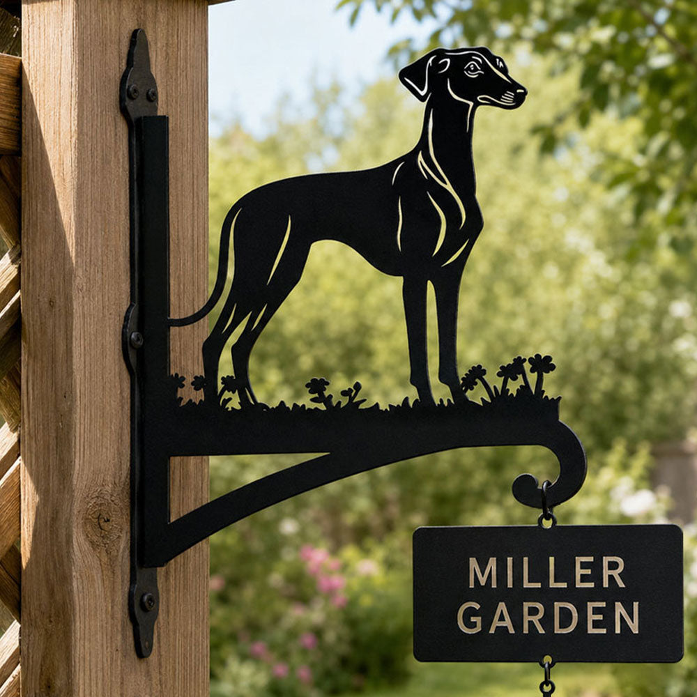 Greyhound metal hanging basket bracket mounted on outdoor wall for plant decoration
