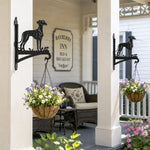 Greyhound metal hanging basket bracket mounted on outdoor wall for plant decoration