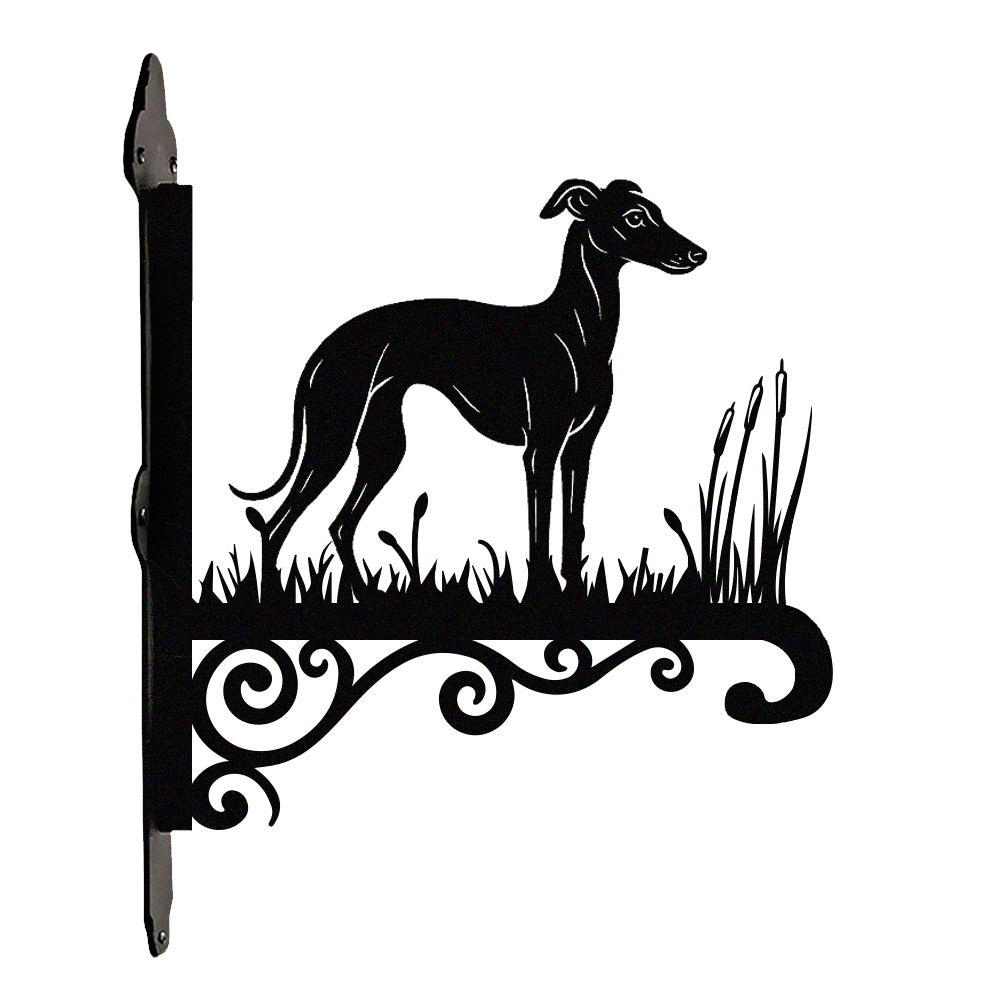 Greyhound metal hanging basket bracket mounted on outdoor wall for plant decoration