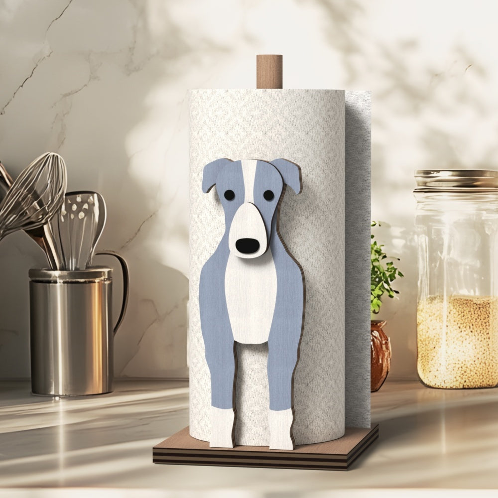 Greyhound Wooden Dog Paper Towel Holder displayed on a kitchen countertop with a freestanding paper towel roll