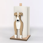 Greyhound Wooden Dog Paper Towel Holder displayed on a kitchen countertop with a freestanding paper towel roll