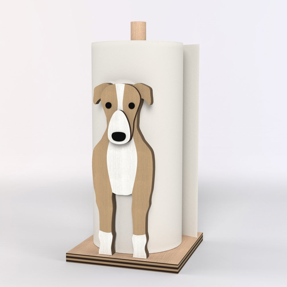 Greyhound Wooden Dog Paper Towel Holder displayed on a kitchen countertop with a freestanding paper towel roll