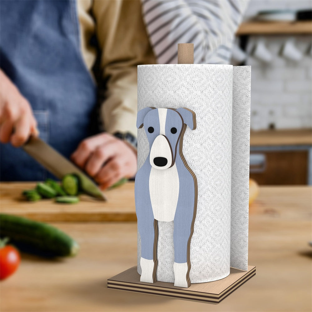 Greyhound Wooden Dog Paper Towel Holder displayed on a kitchen countertop with a freestanding paper towel roll