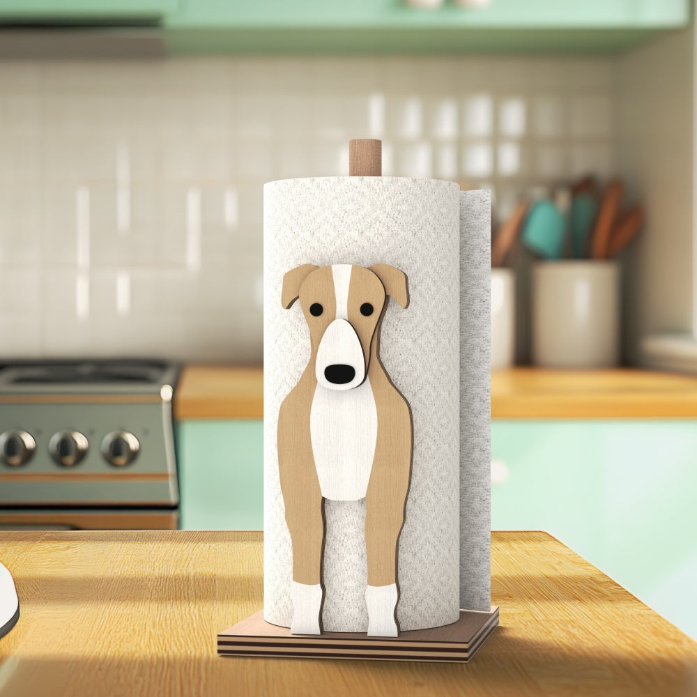 Greyhound Wooden Dog Paper Towel Holder displayed on a kitchen countertop with a freestanding paper towel roll