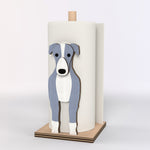 Greyhound Wooden Dog Paper Towel Holder displayed on a kitchen countertop with a freestanding paper towel roll