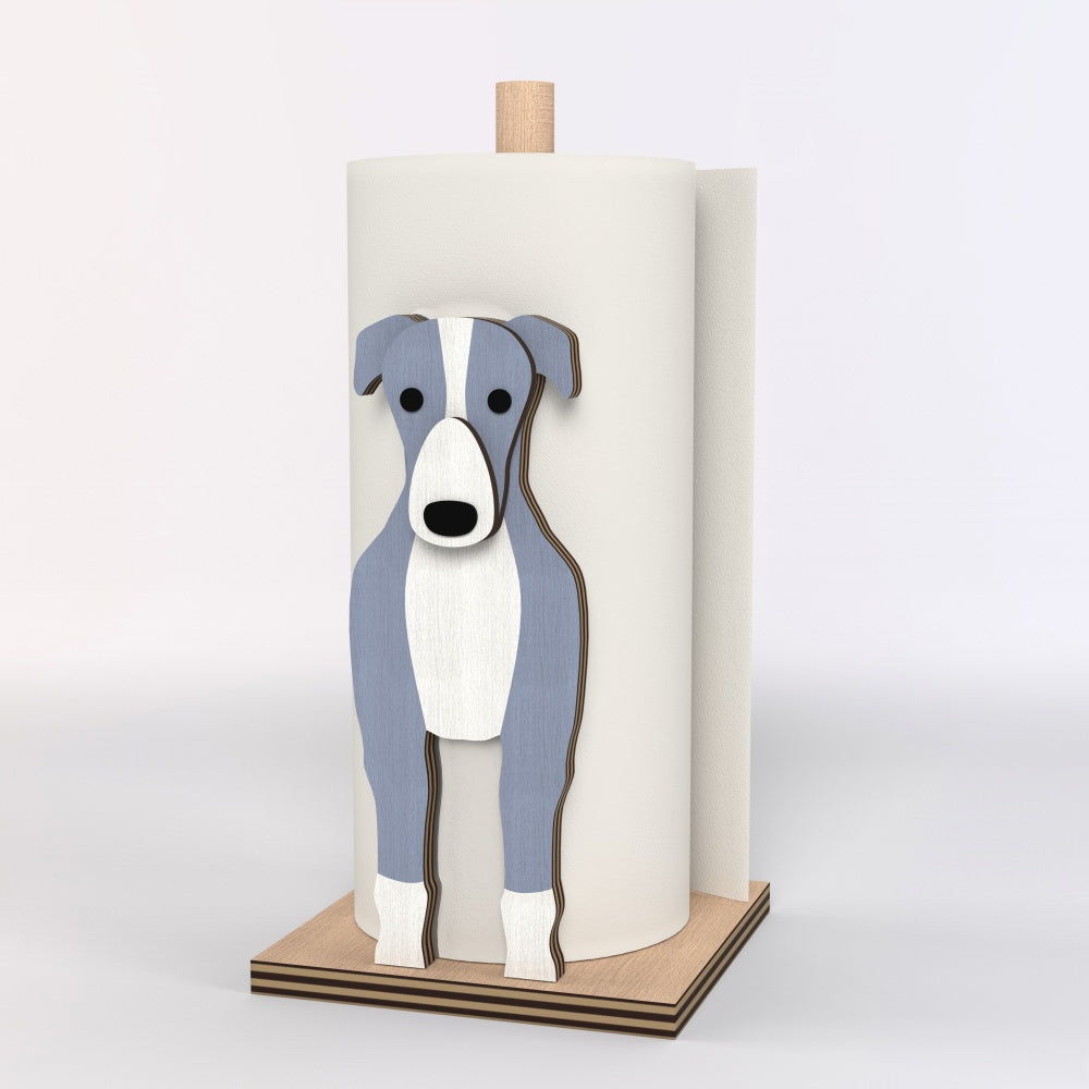 Greyhound Wooden Dog Paper Towel Holder displayed on a kitchen countertop with a freestanding paper towel roll