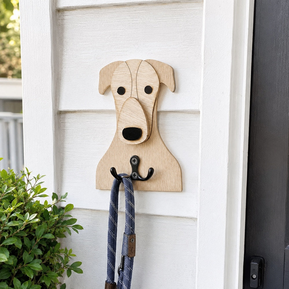 Wooden greyhound dog wall hook key and leash holder for home entryway organizer
