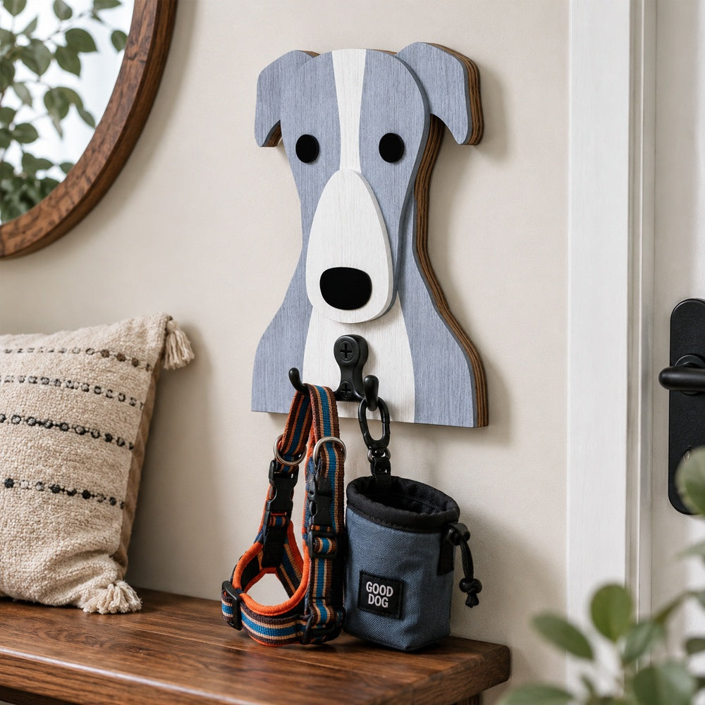 Wooden greyhound dog wall hook key and leash holder for home entryway organizer