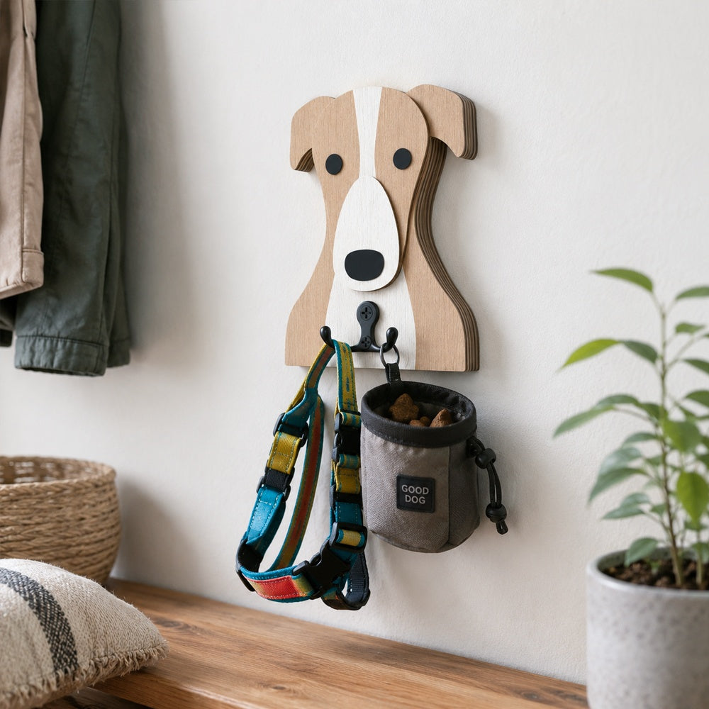 Wooden greyhound dog wall hook key and leash holder for home entryway organizer