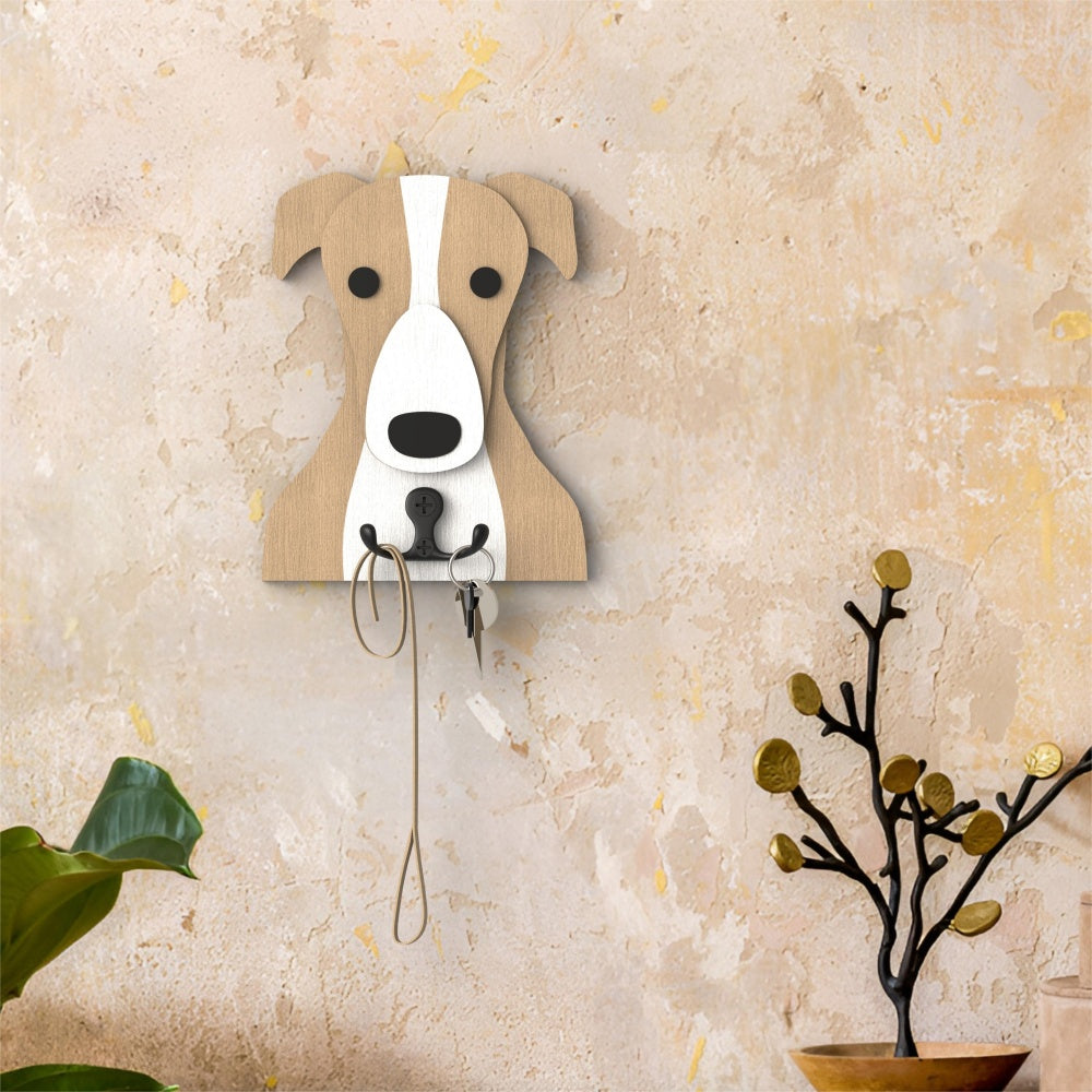 Wooden greyhound dog wall hook key and leash holder for home entryway organizer