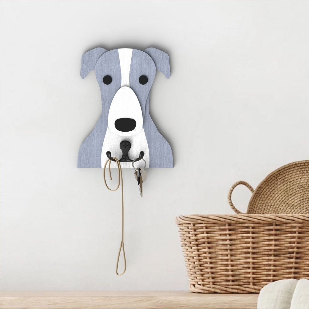 Wooden greyhound dog wall hook key and leash holder for home entryway organizer