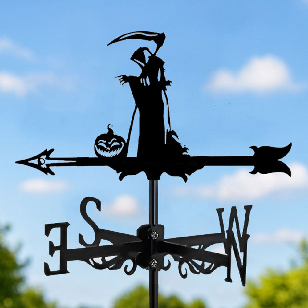 Grim reaper metal weather vane with directional arrows and mounting rod, outdoor roof and garden decoration