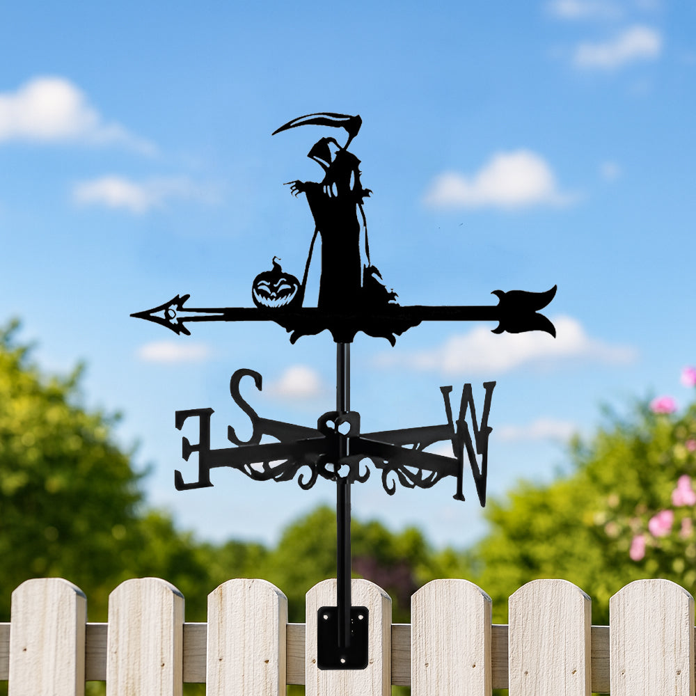 Grim reaper metal weather vane with directional arrows and mounting rod, outdoor roof and garden decoration