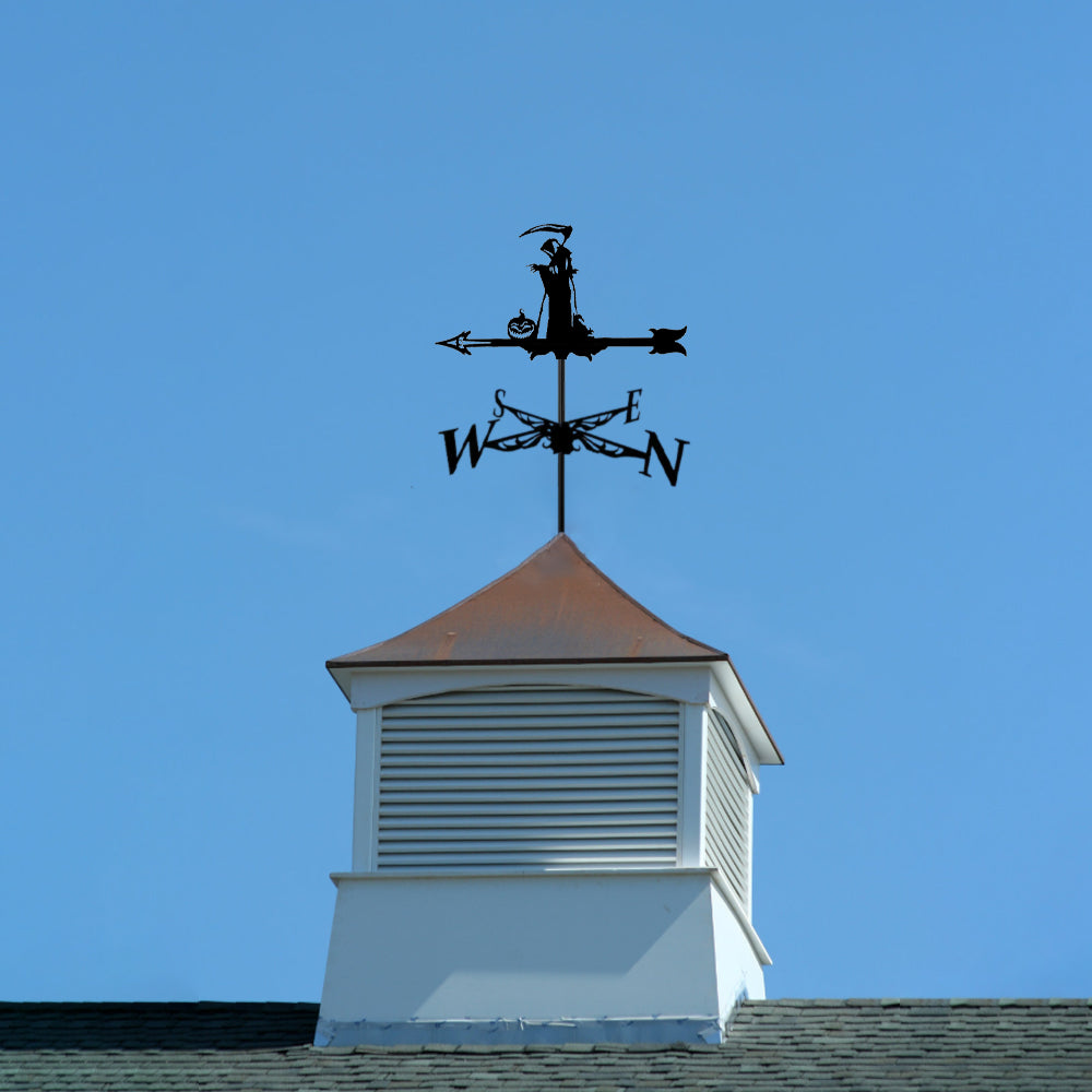 Grim reaper metal weather vane with directional arrows and mounting rod, outdoor roof and garden decoration