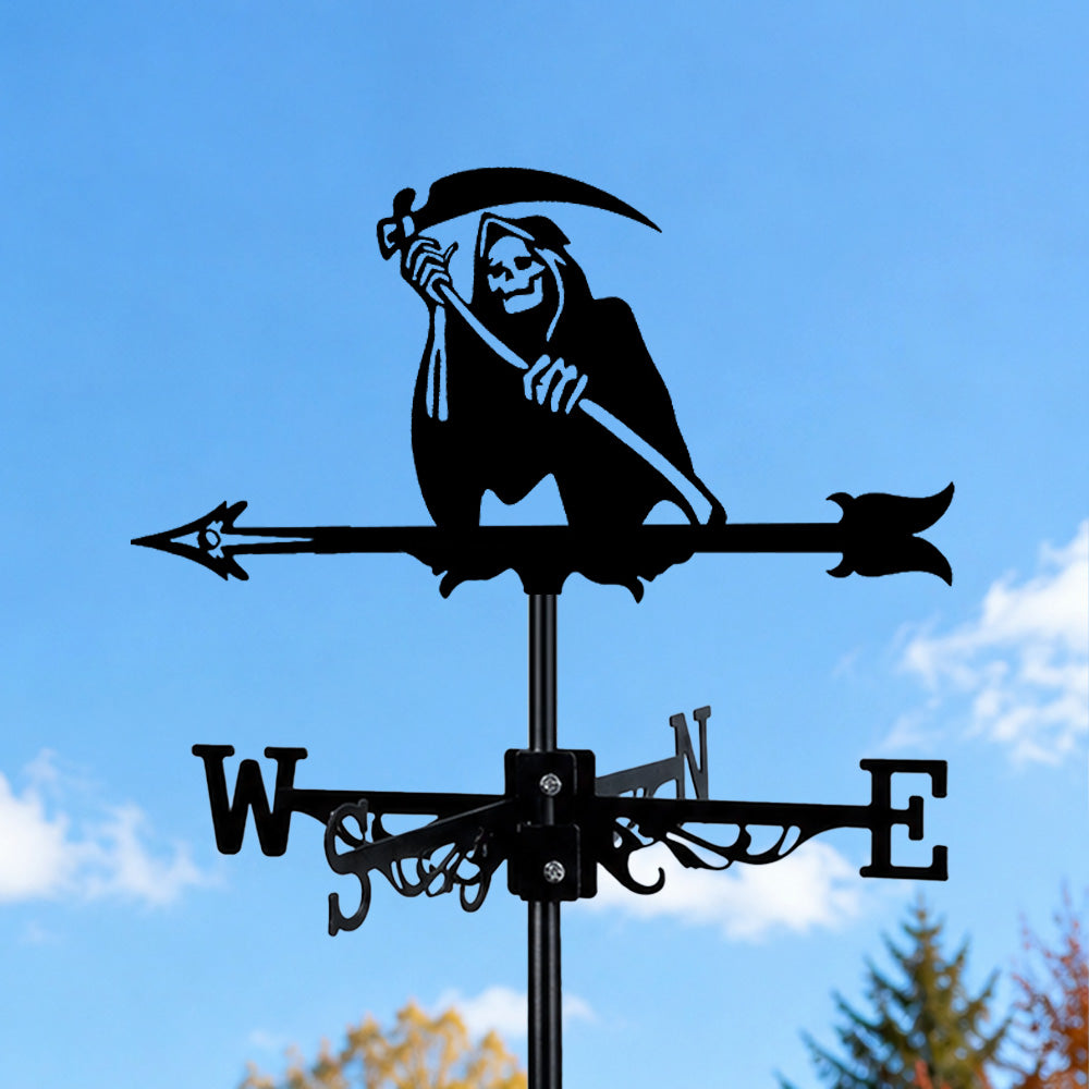 Grim reaper metal weather vane with directional arrows and mounting rod, outdoor roof and garden decoration