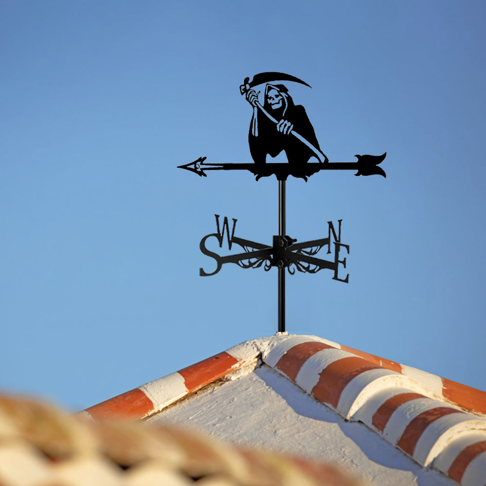 Grim reaper metal weather vane with directional arrows and mounting rod, outdoor roof and garden decoration
