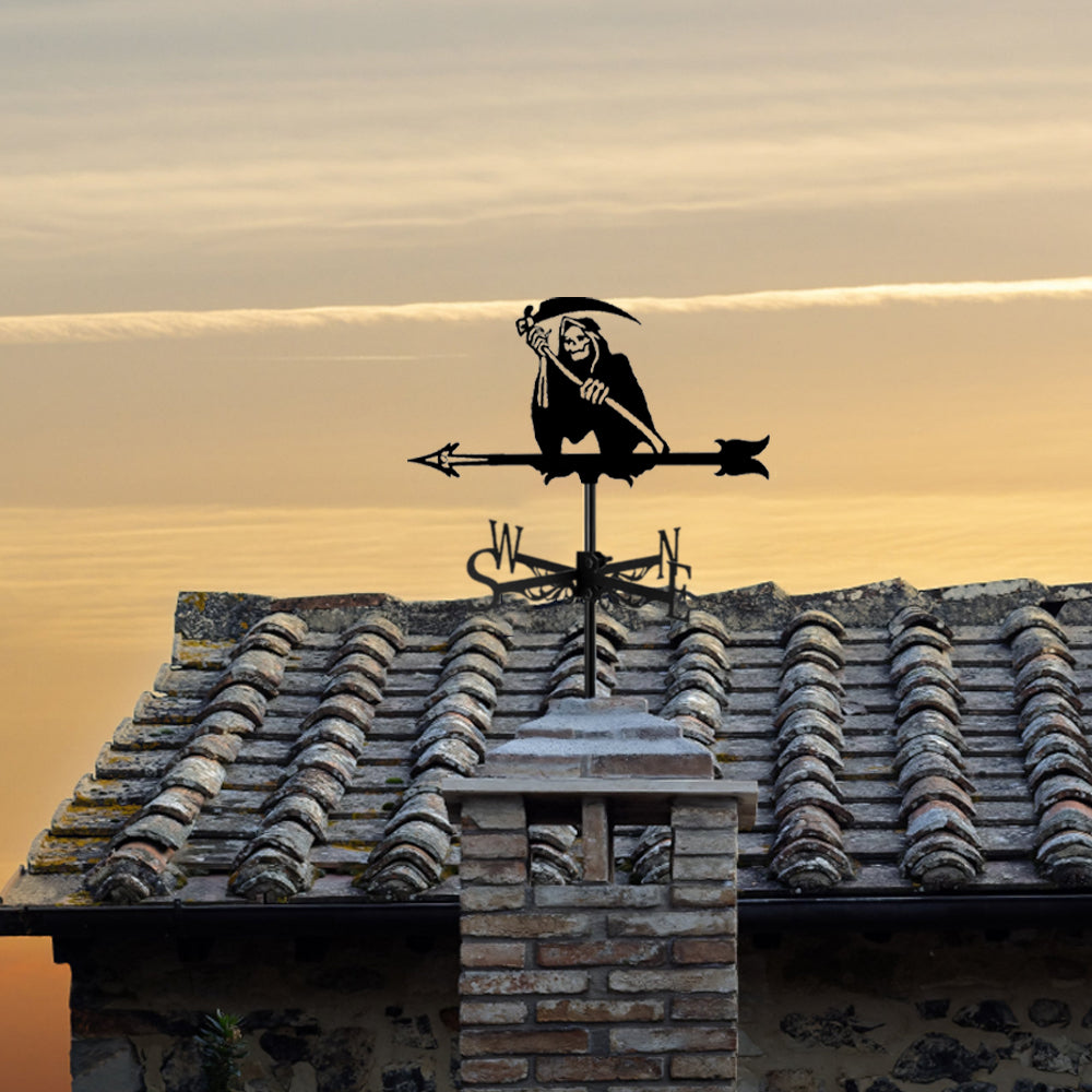 Grim reaper metal weather vane with directional arrows and mounting rod, outdoor roof and garden decoration