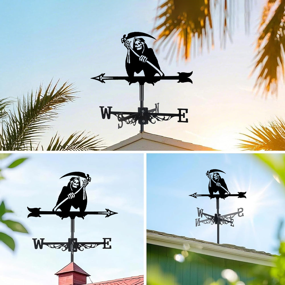 Grim reaper metal weather vane with directional arrows and mounting rod, outdoor roof and garden decoration