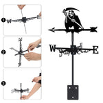 Grim reaper metal weather vane with directional arrows and mounting rod, outdoor roof and garden decoration