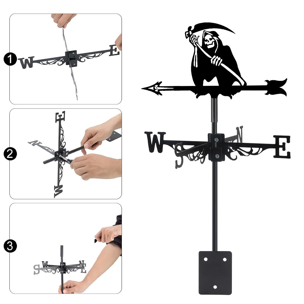 Grim reaper metal weather vane with directional arrows and mounting rod, outdoor roof and garden decoration