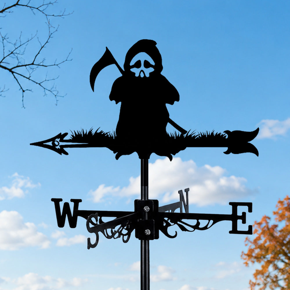 Grim reaper metal weather vane with directional arrows and mounting rod, outdoor roof and garden decoration