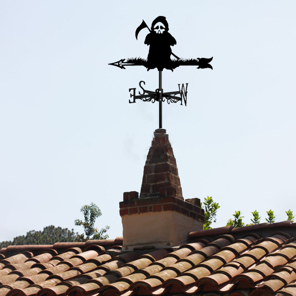 Grim reaper metal weather vane with directional arrows and mounting rod, outdoor roof and garden decoration