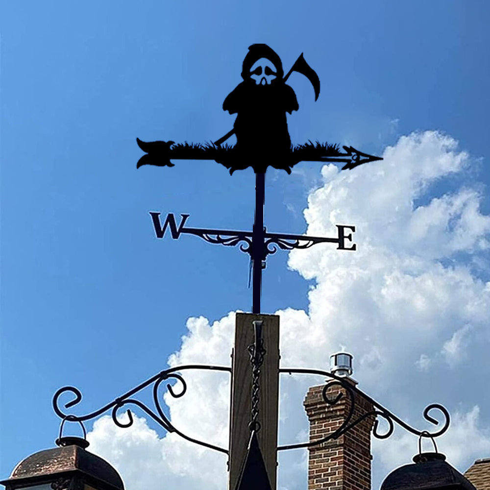 Grim reaper metal weather vane with directional arrows and mounting rod, outdoor roof and garden decoration