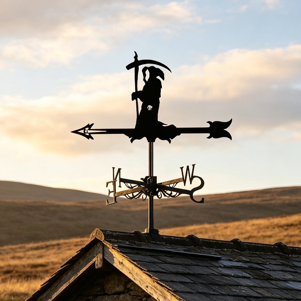 Grim reaper metal weather vane with directional arrows and mounting rod, outdoor roof and garden decoration