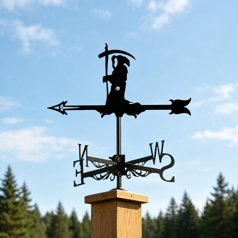 Grim reaper metal weather vane with directional arrows and mounting rod, outdoor roof and garden decoration