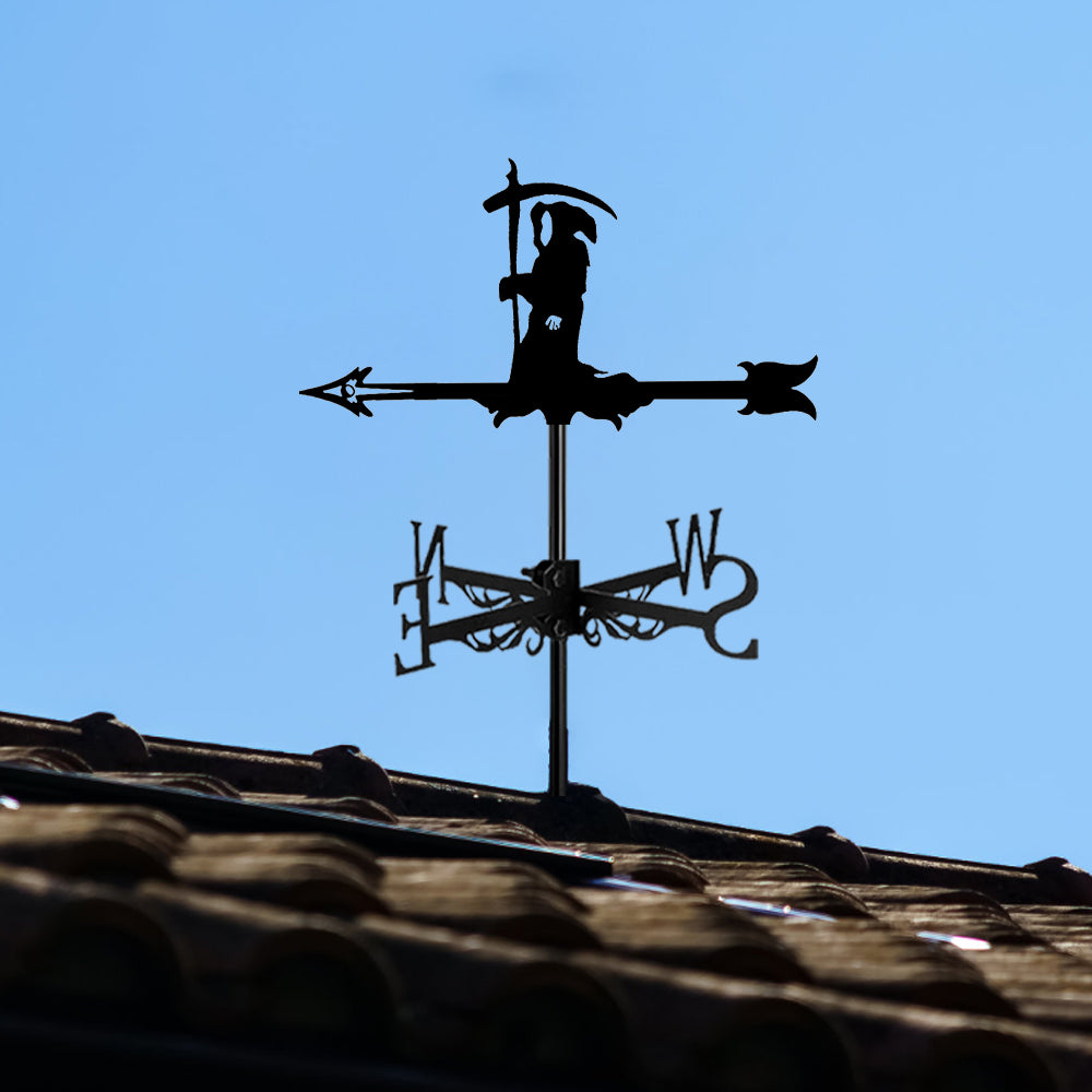 Grim reaper metal weather vane with directional arrows and mounting rod, outdoor roof and garden decoration